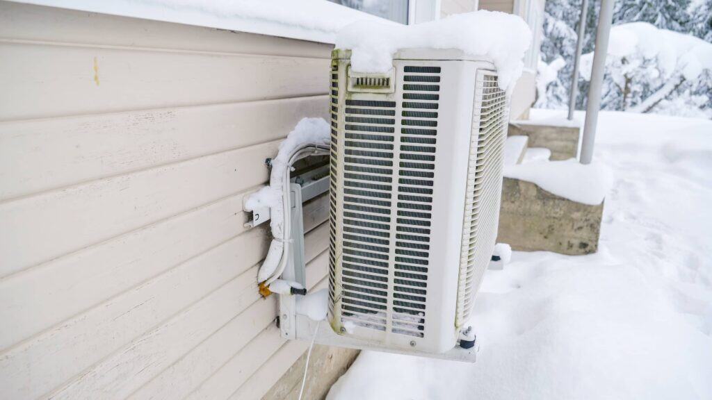 Snow-covered heat pump outdoor unit.