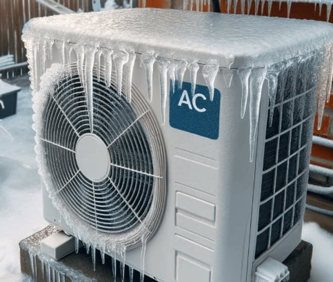 Thermopompe extérieure recouverte de glaçons en hiver