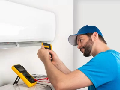 Un technicien effectue des tests sur l'unité intérieure pendant l'installation d'une thermopompe murale.