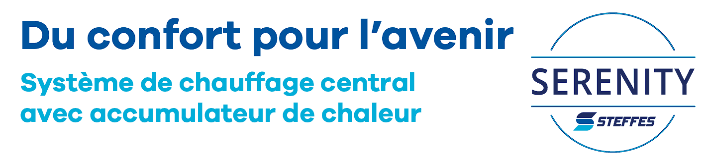 Bannière avec inscription Du confort pour l'avenir avec logo de l'accumulateur de chaleur Steffes Serenity