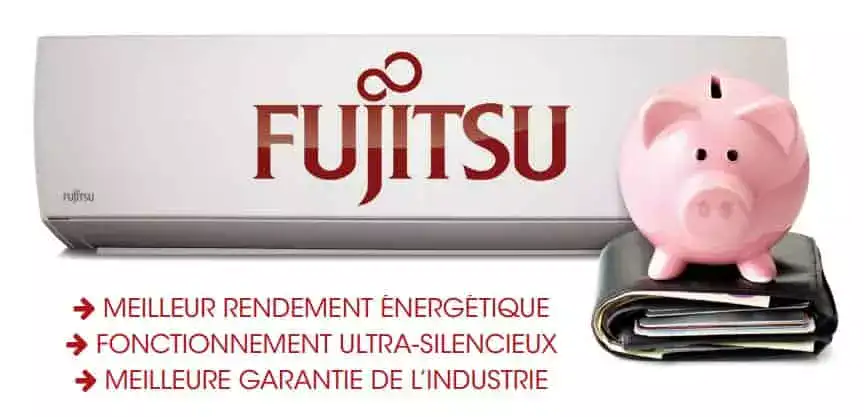 Climatiseur mural Fujitsu avec un portefeuille et une banque en forme de cochon rose.