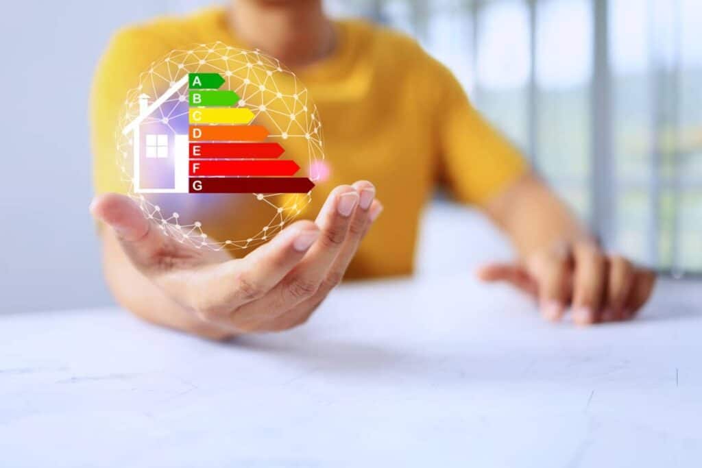 Man holding up the symbol of an energy-efficient home.