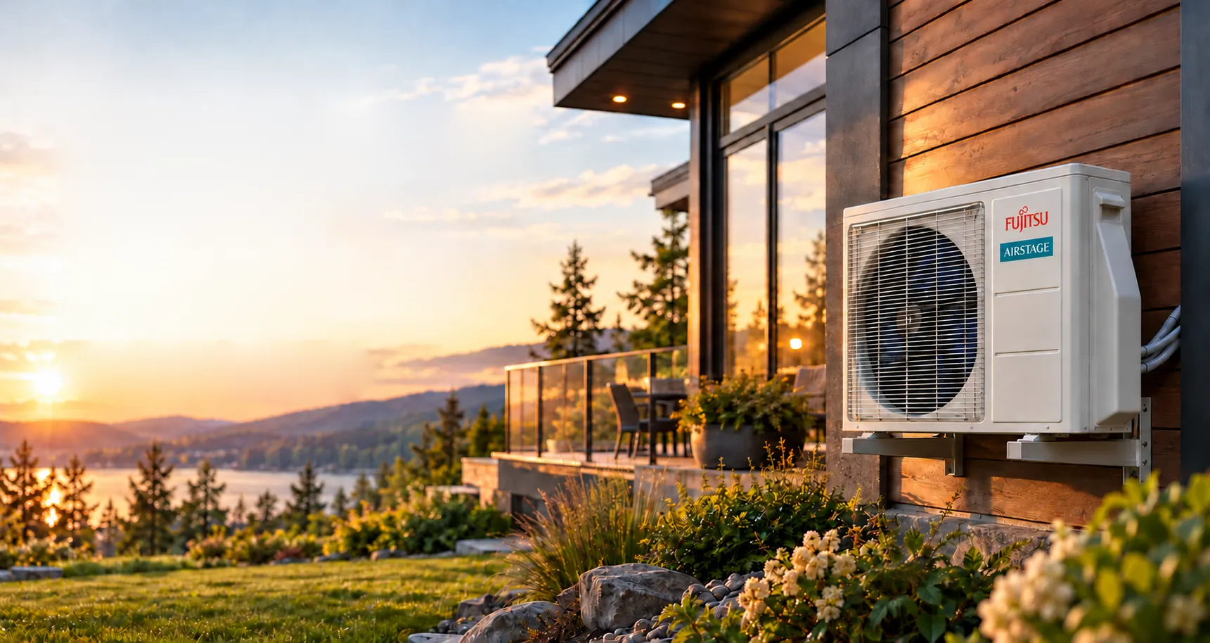 Fujitsu Airstage wall-mounted heat pump installed on a house at sunset