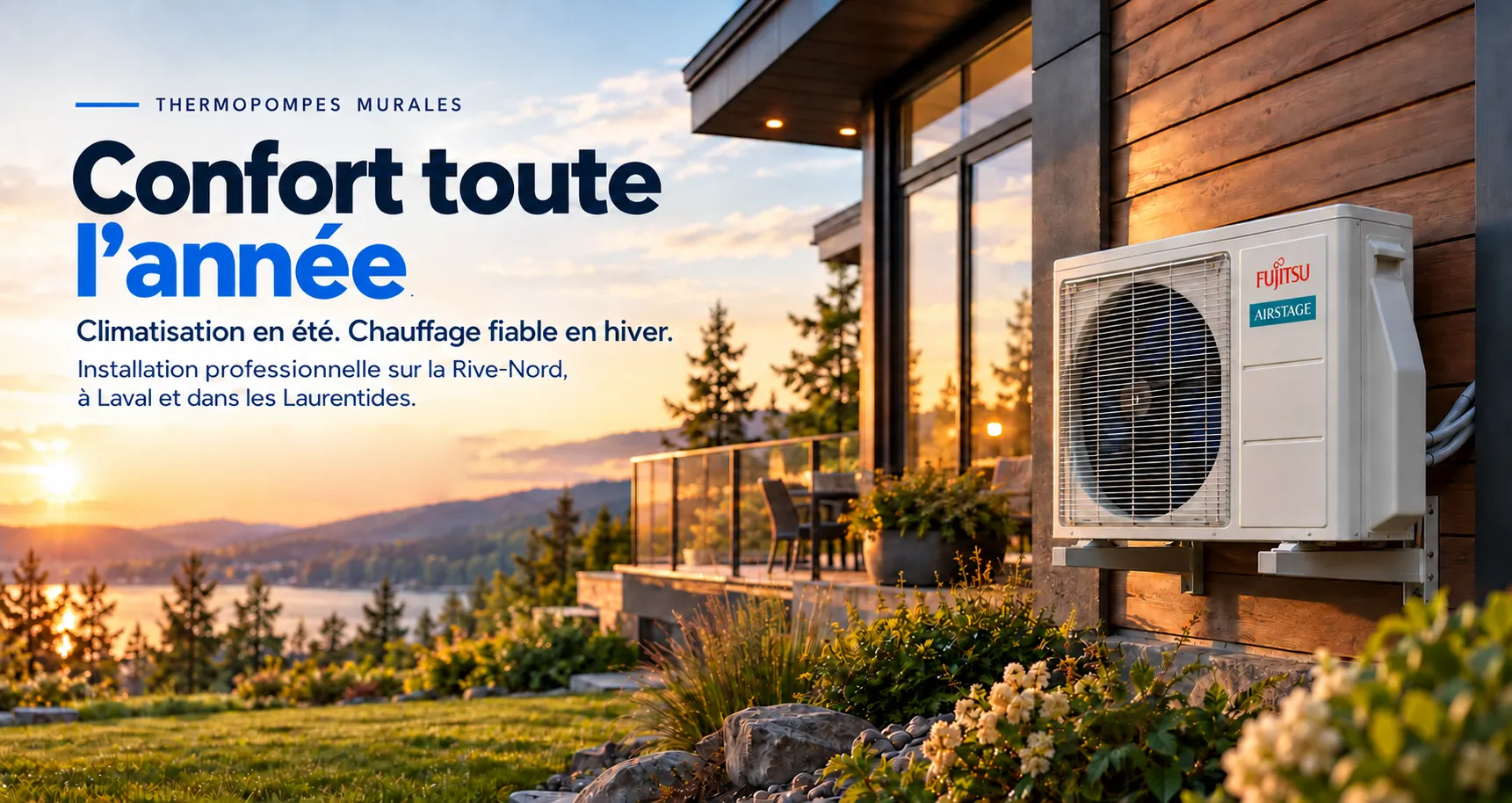 Thermopompe murale Fujitsu Airstage installée sur une maison au coucher du soleil